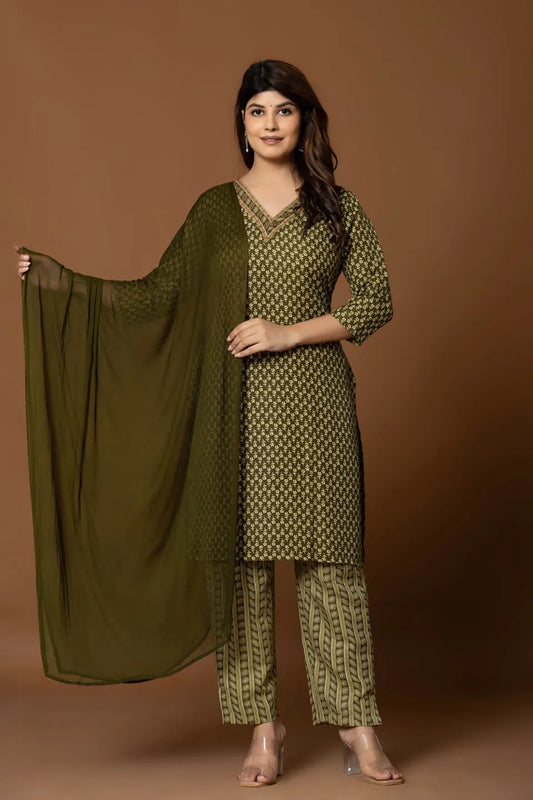 olive green embroidered kurta with geometric print pants dupatta
