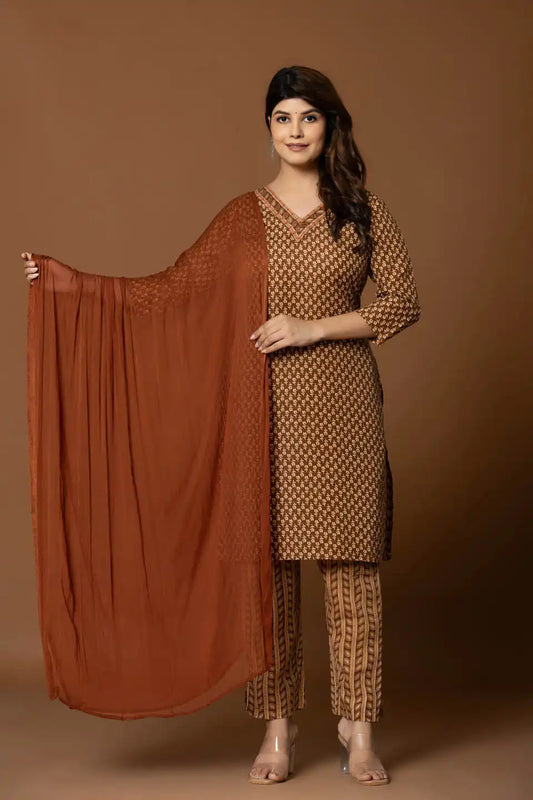 brown printed kurta set with straight pants and rust dupatta