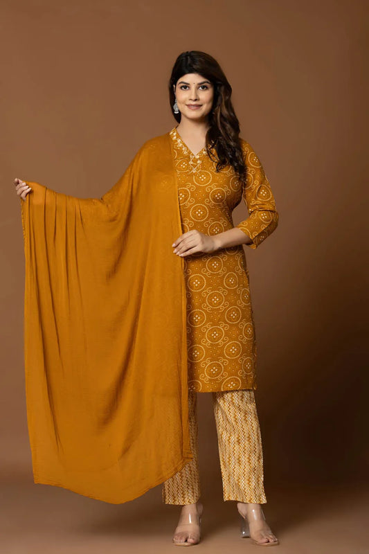 mustard bandhani kurta set with geometric pants