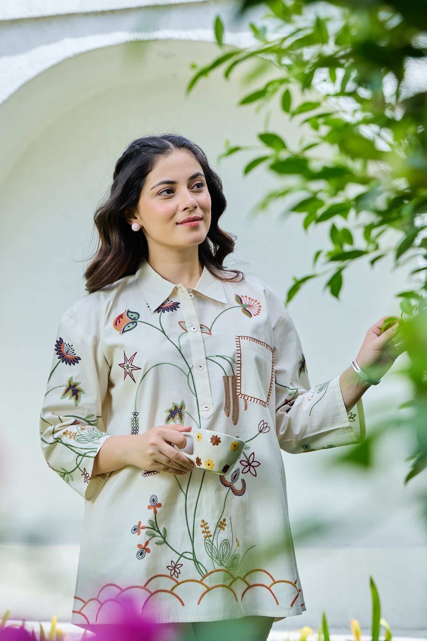 IVORY COTTON POPLIN EMBROIDERED SHIRT WITH STRAIGHT PANTS ELEGANT SUMMER CO-ORD SET FOR WOMEN