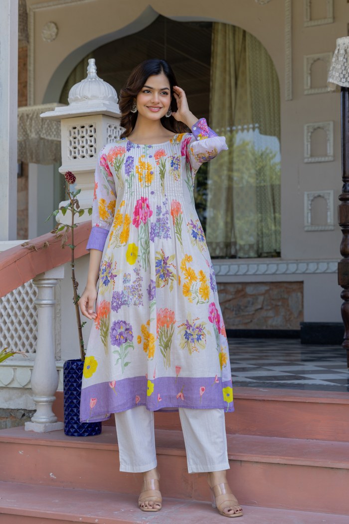 WOMEN'S FLORAL PRINTED COTTON KURTI WITH PINTUCK DETAILING | COMFORTABLE DAILY & FESTIVE WEAR