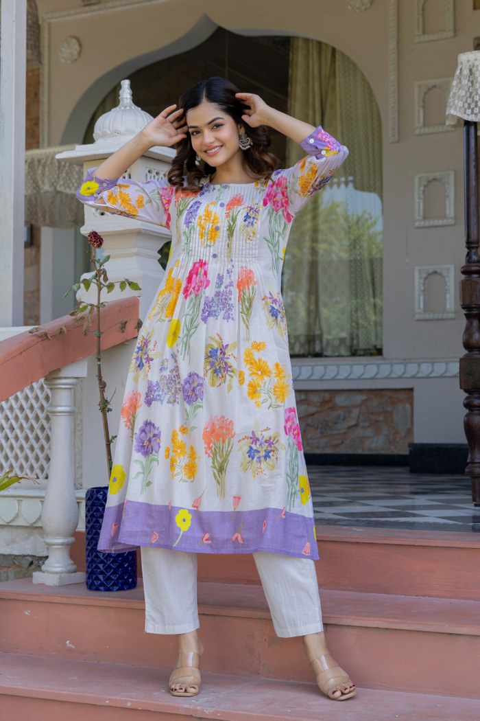 WOMEN'S FLORAL PRINTED COTTON KURTI WITH PINTUCK DETAILING | COMFORTABLE DAILY & FESTIVE WEAR