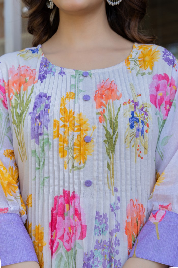 WOMEN'S FLORAL PRINTED COTTON KURTI WITH PINTUCK DETAILING | COMFORTABLE DAILY & FESTIVE WEAR