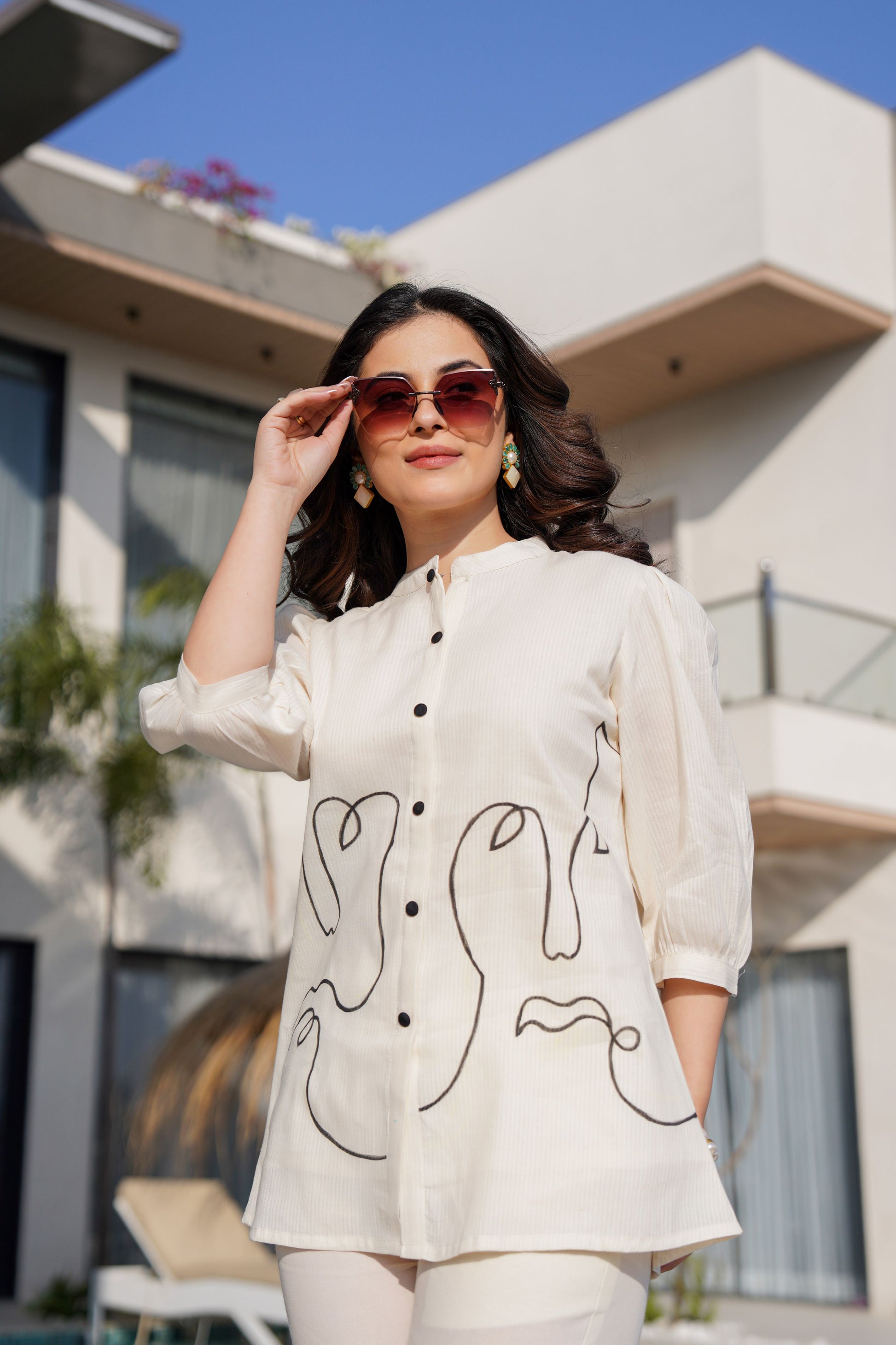 Women's Cream Co-ord Set with Abstract Line Art Print
