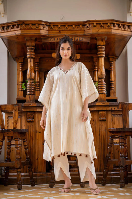 elegant kaftan style tunic with metallic stripes matching narrow pants