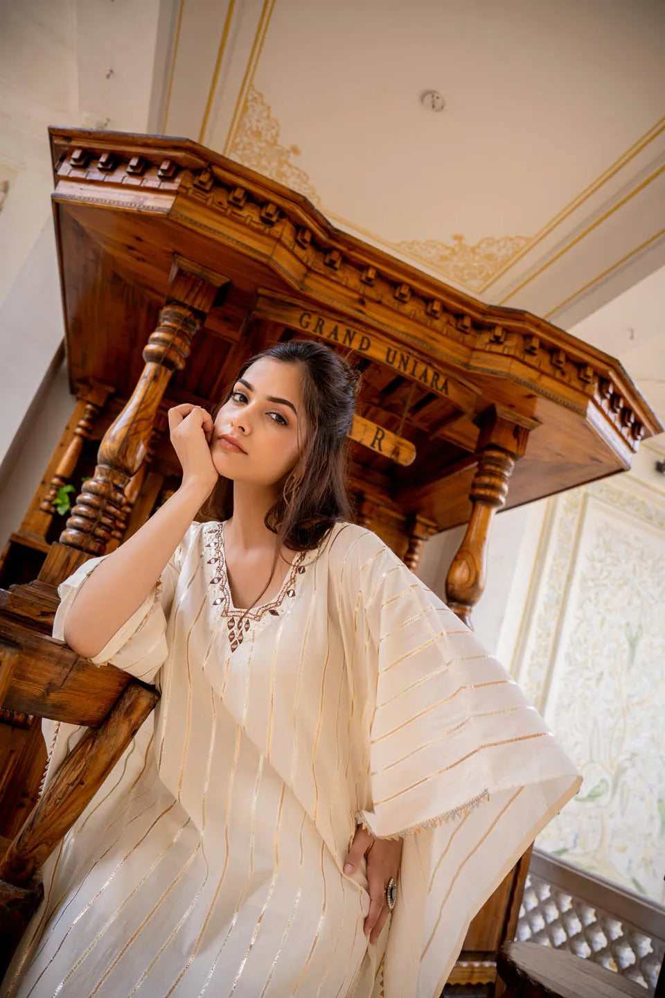 elegant kaftan style tunic with metallic stripes matching narrow pants