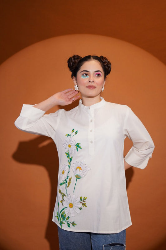 DAISY BLOOM HAND-PAINTED COTTON SHIRT – FOR WOMEN