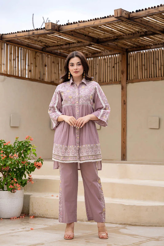 elegant floral printed shirt style kurta with pants