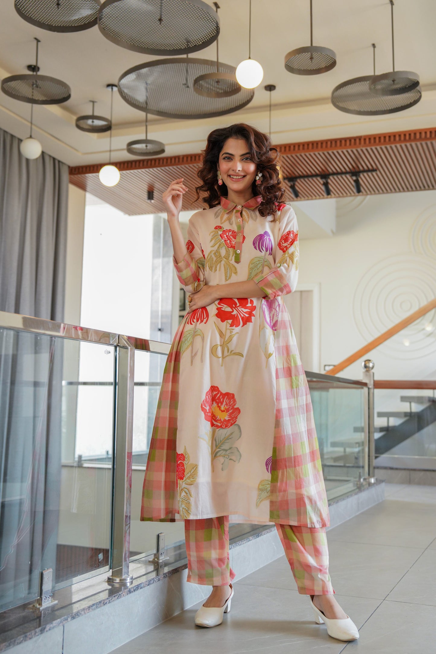 WOMEN'S FLORAL PRINTED COTTON A-LINE KURTI WITH CHECKERED DETAILING | COLLAR NECK & 3/4TH SLEEVES | ELEGANT DAILY AND OCCASION WEAR