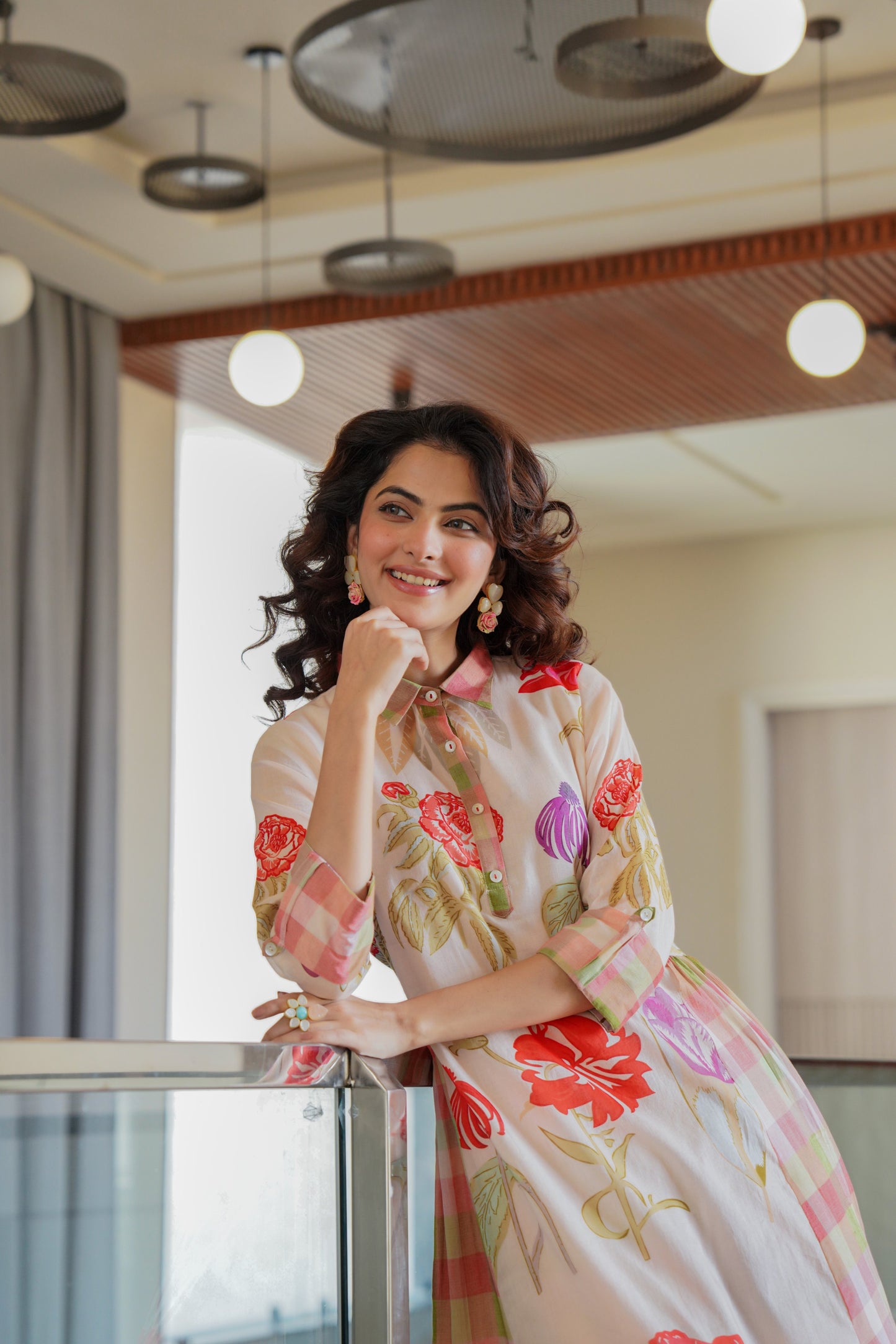 WOMEN'S FLORAL PRINTED COTTON A-LINE KURTI WITH CHECKERED DETAILING | COLLAR NECK & 3/4TH SLEEVES | ELEGANT DAILY AND OCCASION WEAR