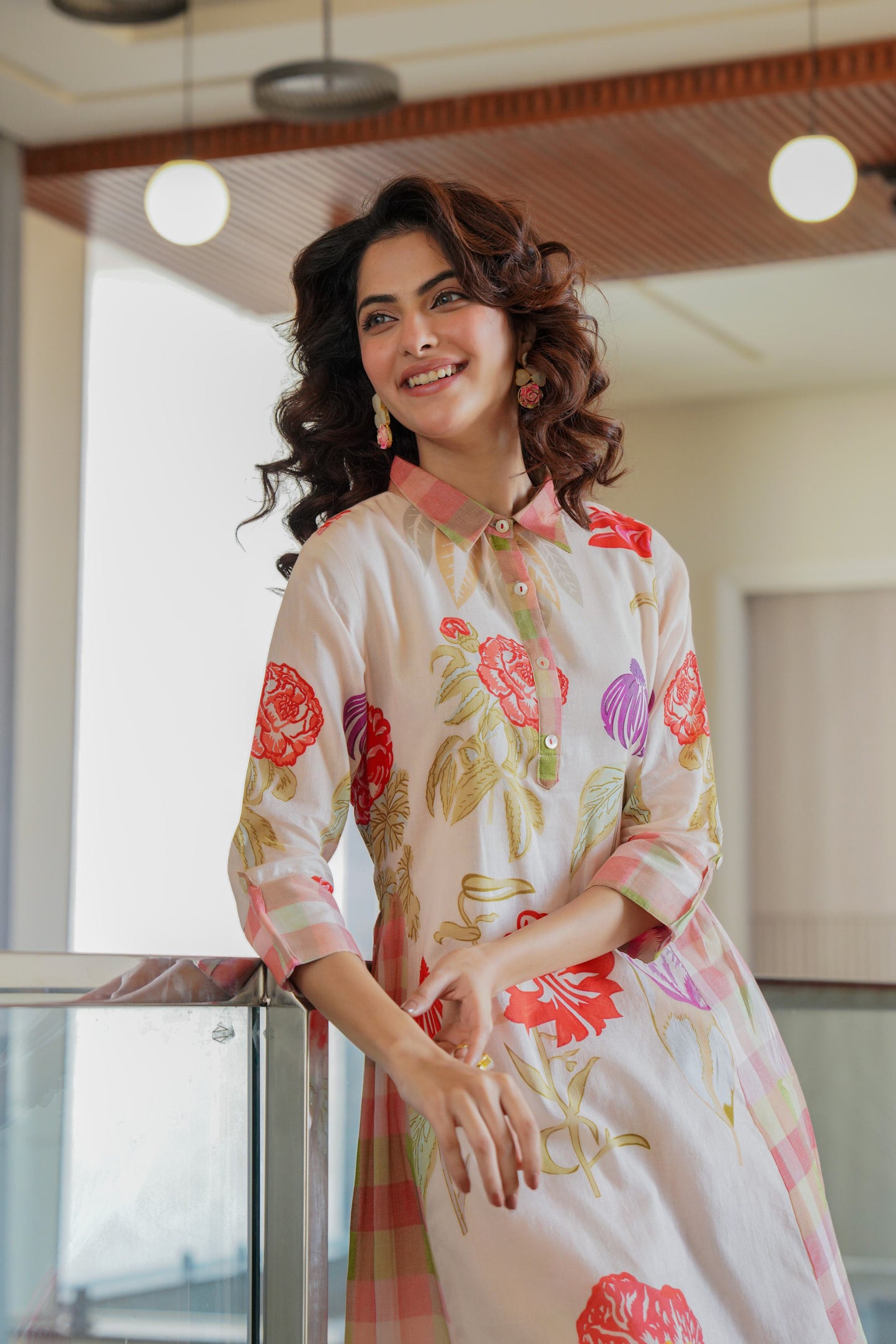 WOMEN'S FLORAL PRINTED COTTON A-LINE KURTI WITH CHECKERED DETAILING | COLLAR NECK & 3/4TH SLEEVES | ELEGANT DAILY AND OCCASION WEAR