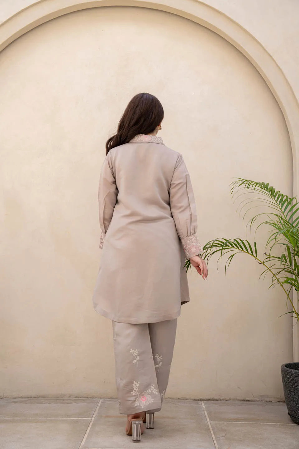 beige floral embroidered shirt collar kurta with straight pants set