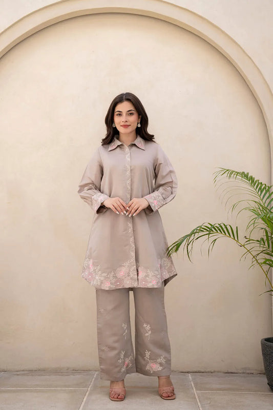 beige floral embroidered shirt collar kurta with straight pants set