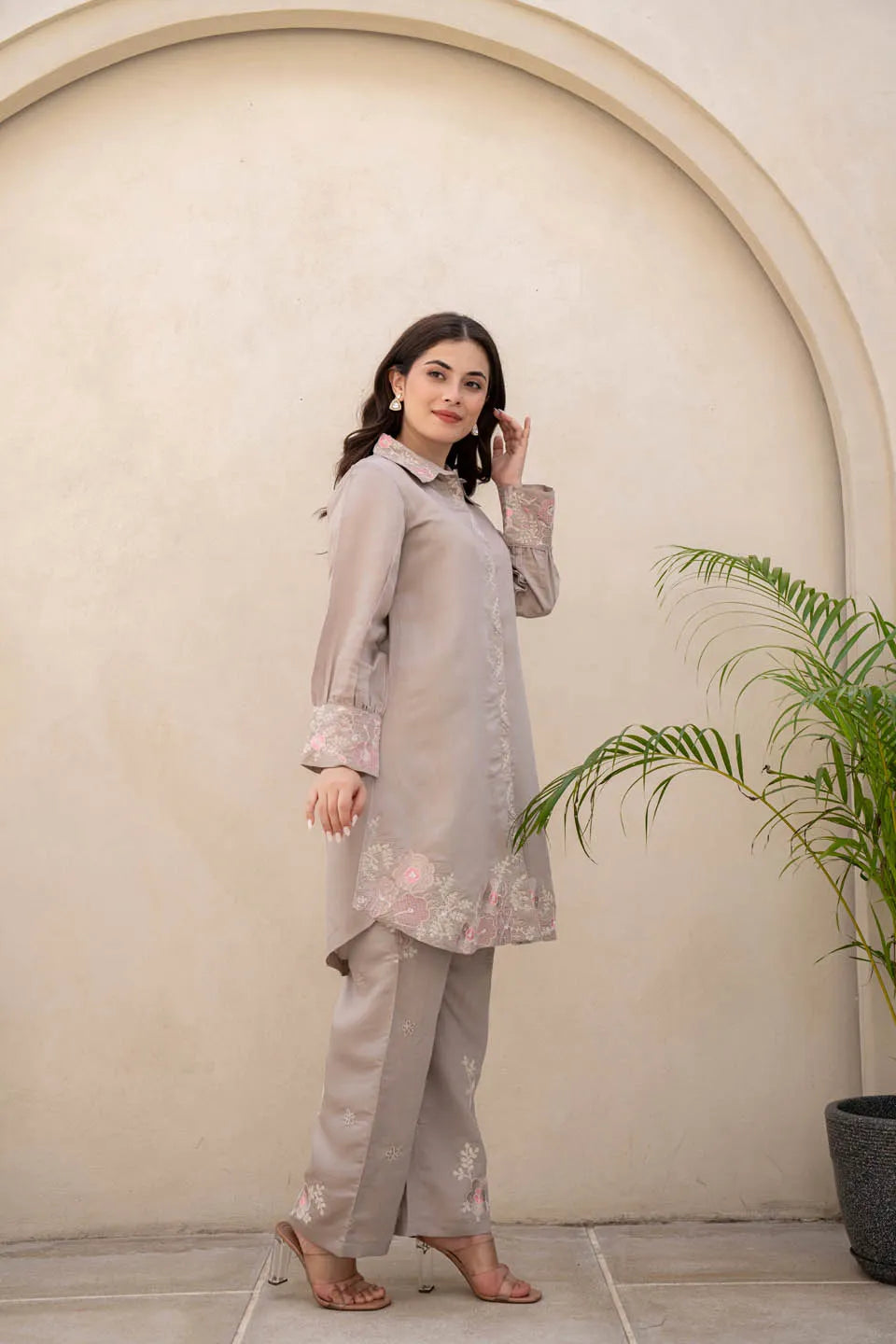 beige floral embroidered shirt collar kurta with straight pants set