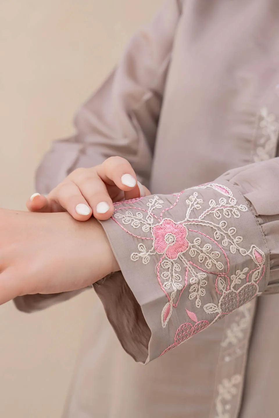beige floral embroidered shirt collar kurta with straight pants set