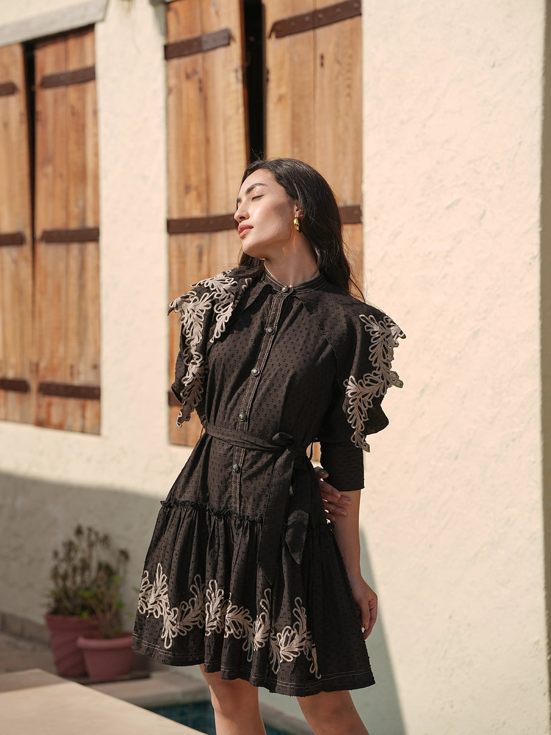 Noir Elegance: Black Cotton Embroidery Short Dress