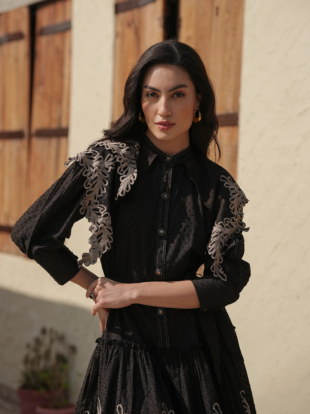 Noir Elegance: Black Cotton Embroidery Dress