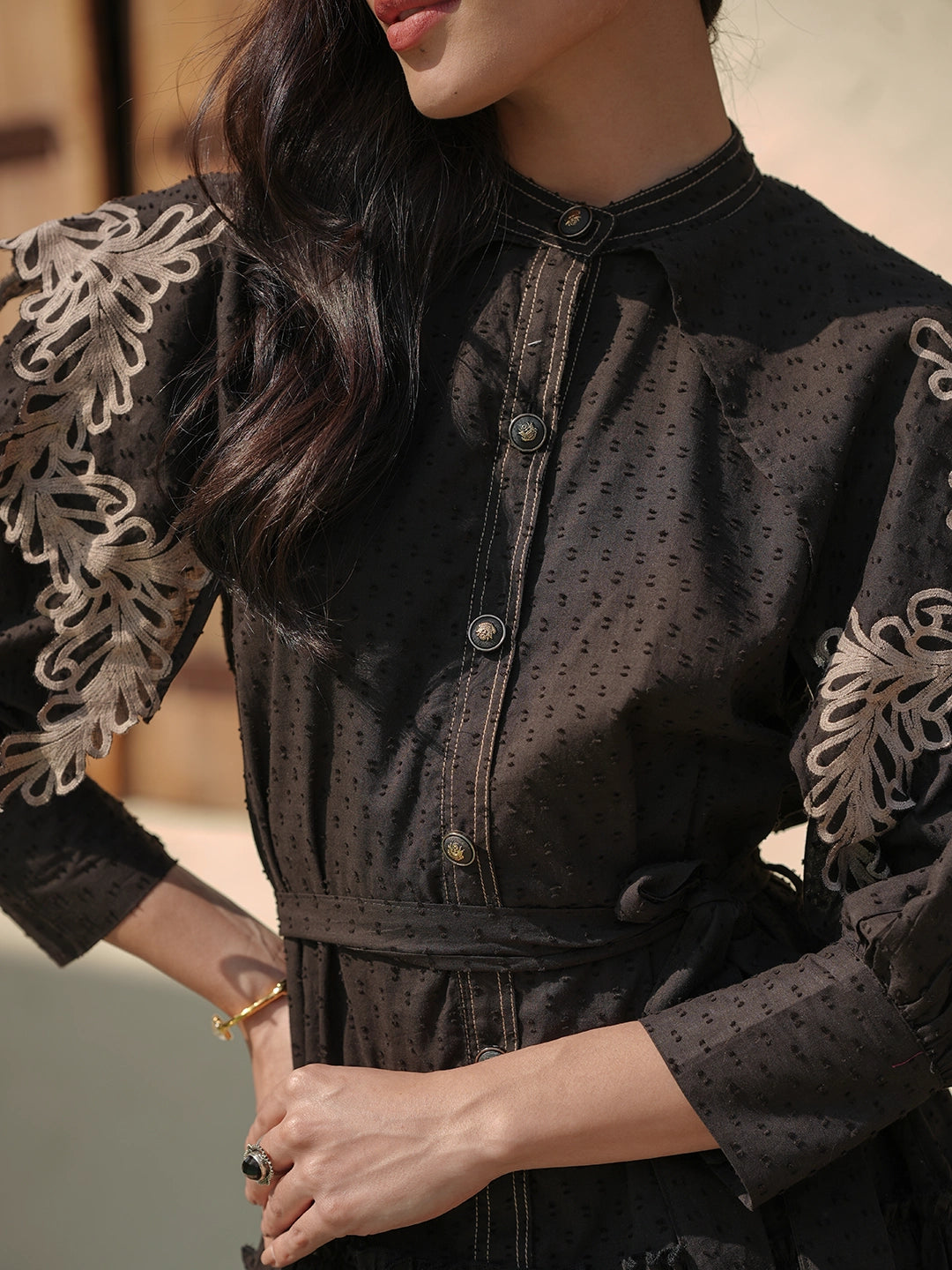 Noir Elegance: Black Cotton Embroidery Short Dress