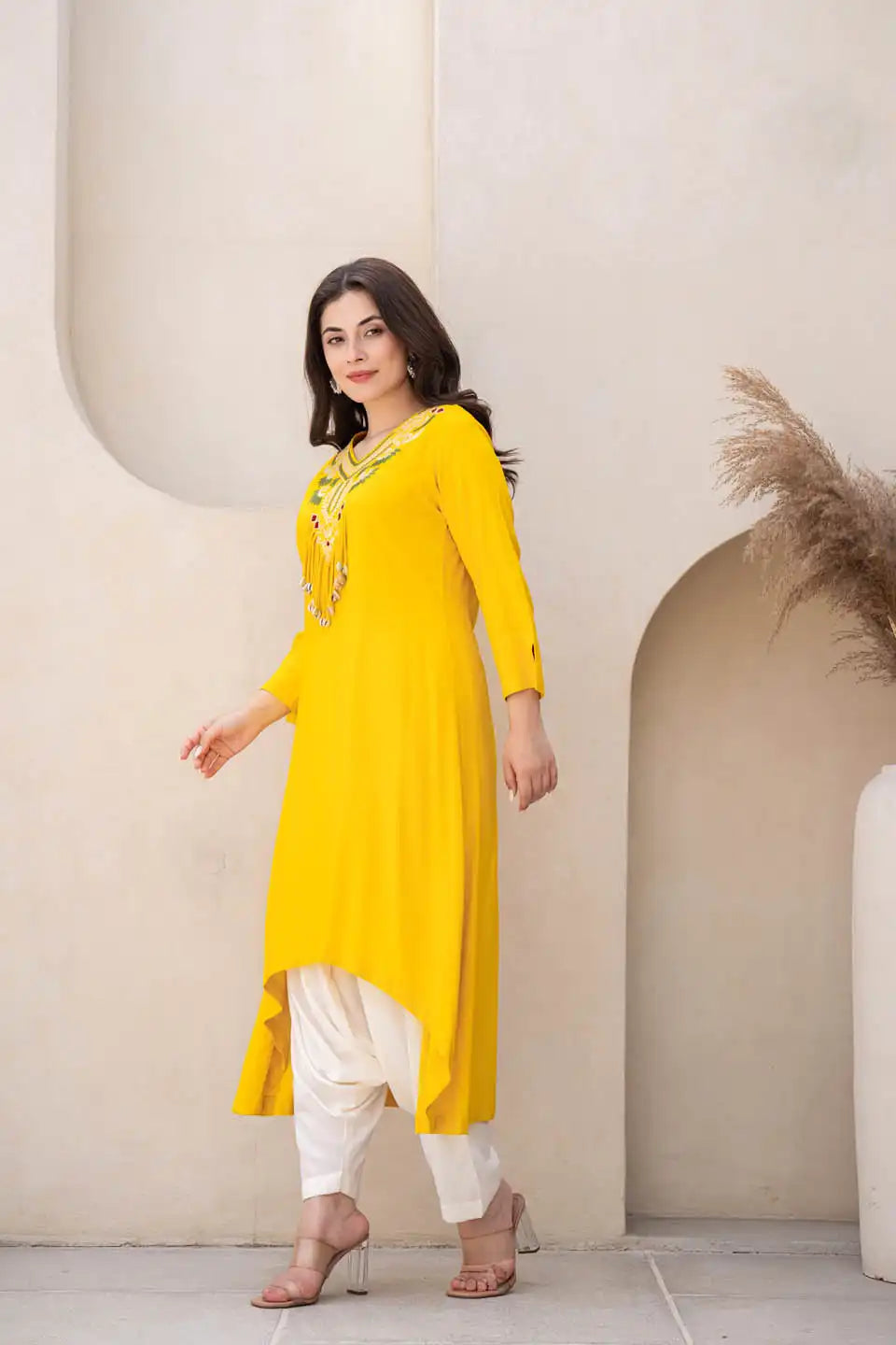 YELLOW EMBROIDERED KURTA SET WITH DHOTI PANTS fashiondwarclothing