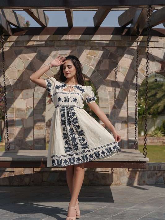 Monochrome Bloom: White Short Dress with Black Embroidery