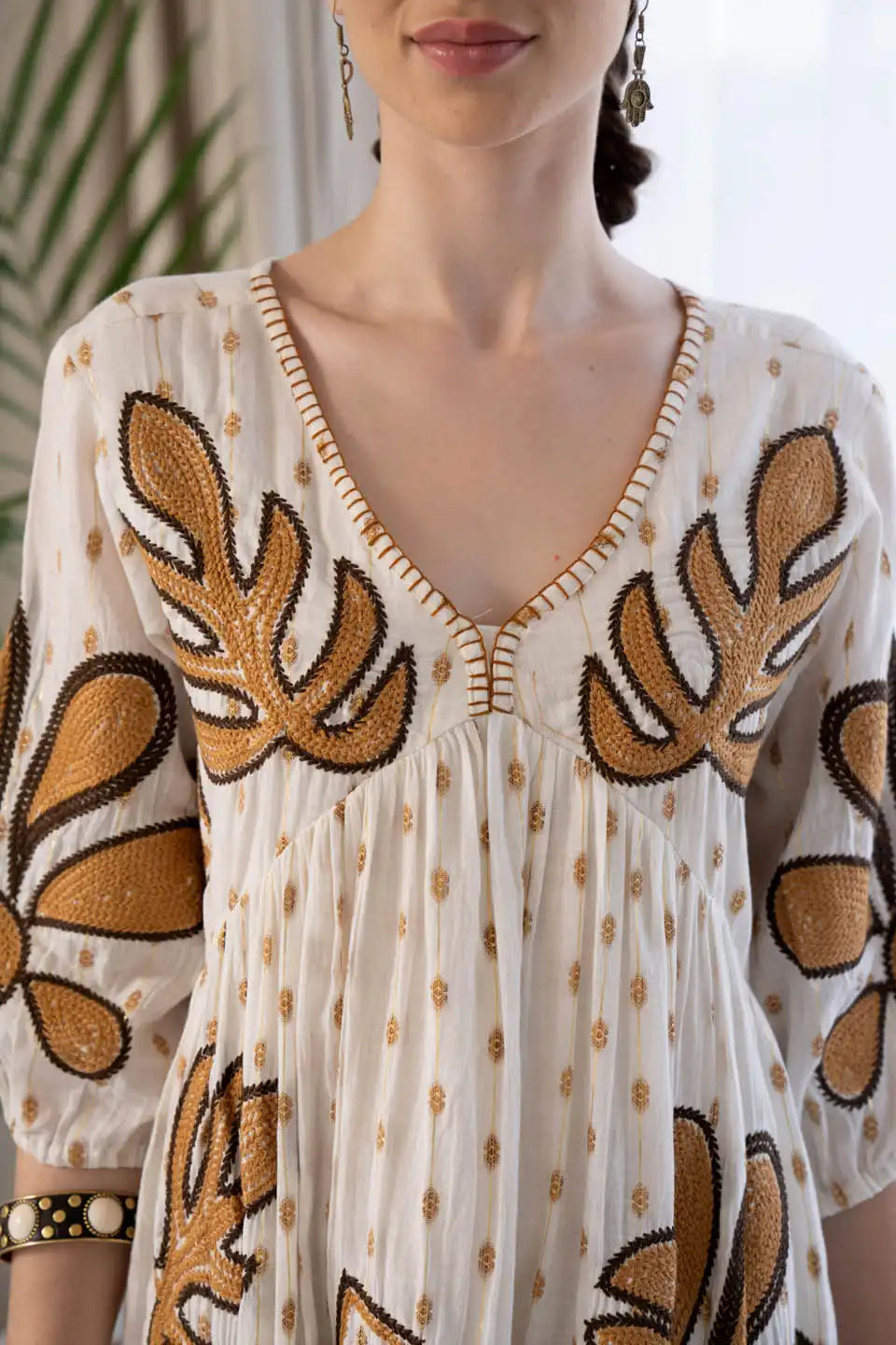 mustard embroidered boho short dress