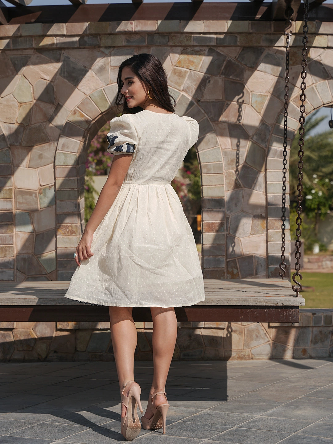 Monochrome Bloom: White Short Dress with Black Embroidery