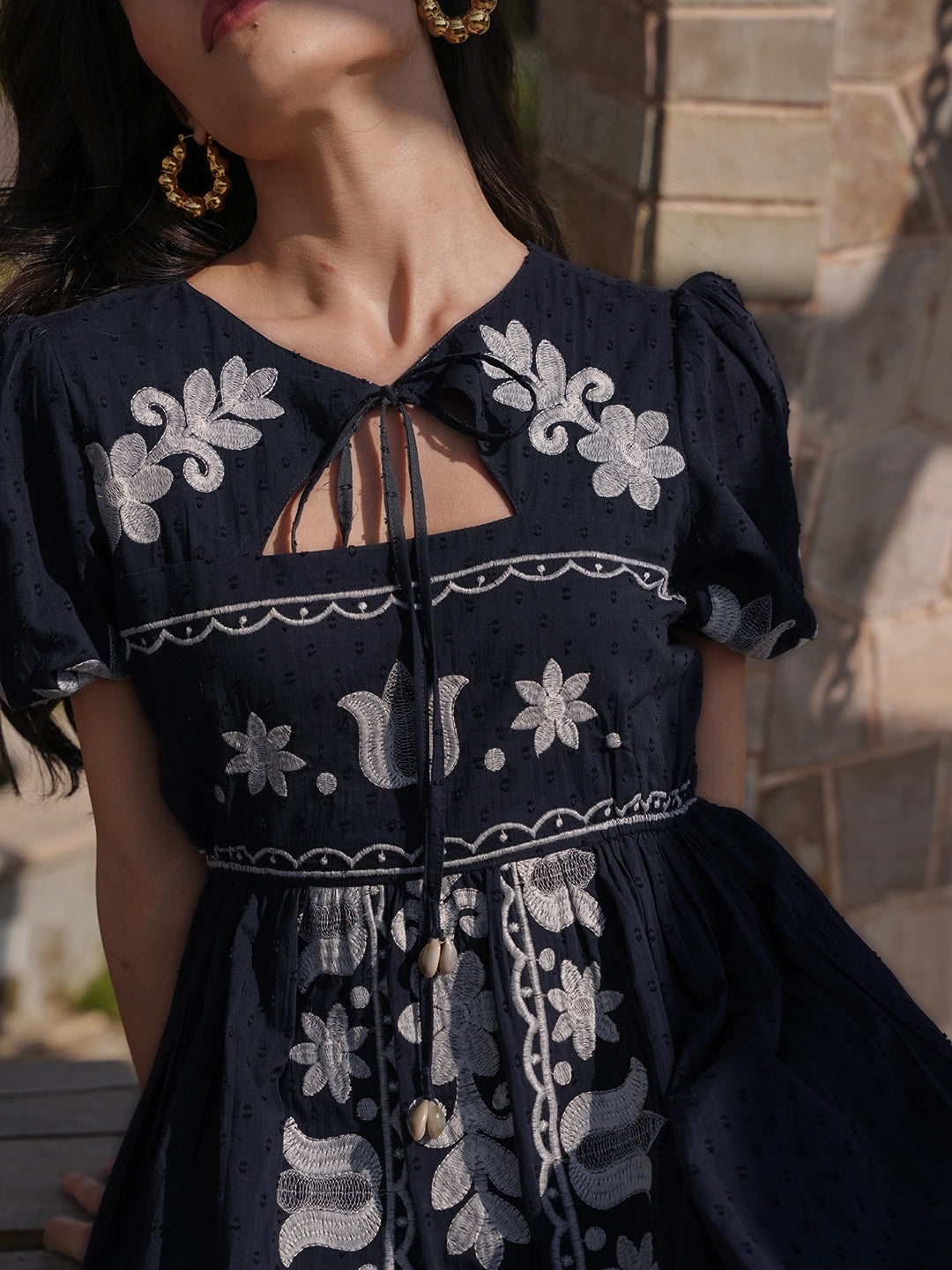 Midnight Monochrome: Blue Short Dress with White Embroidery