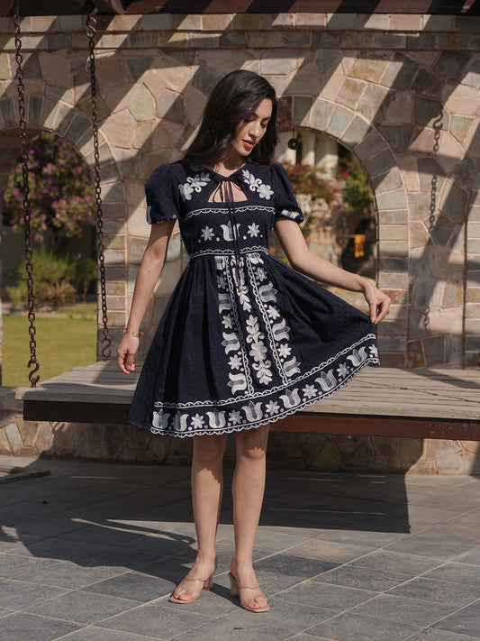 midnight monochrome black short dress with white embroidery