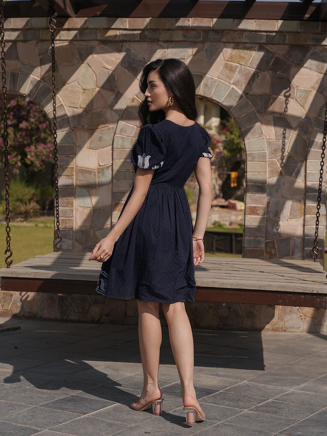 Midnight Monochrome: Blue Short Dress with White Embroidery