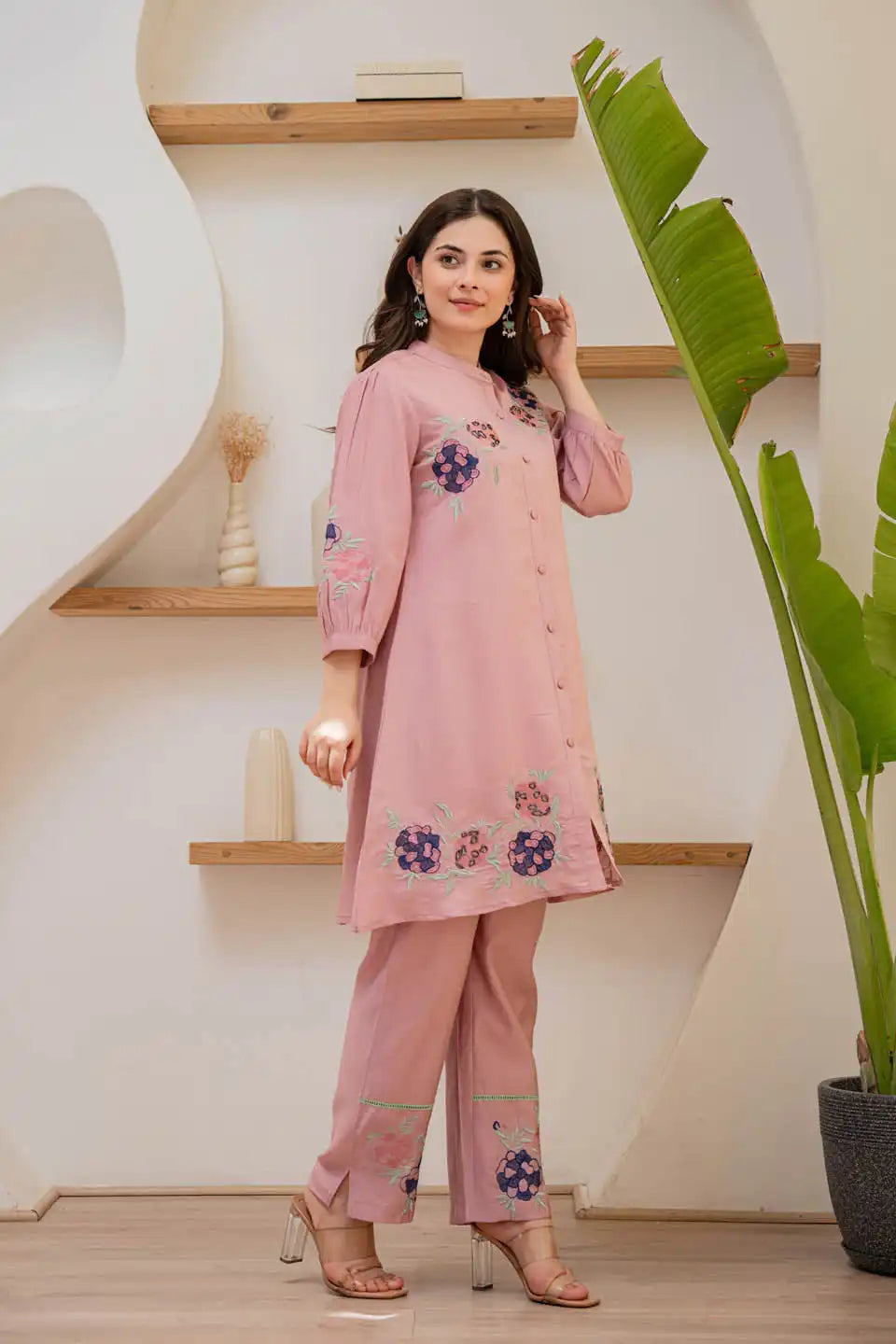 Light Pink Floral Embroidered Co-Ord Set
