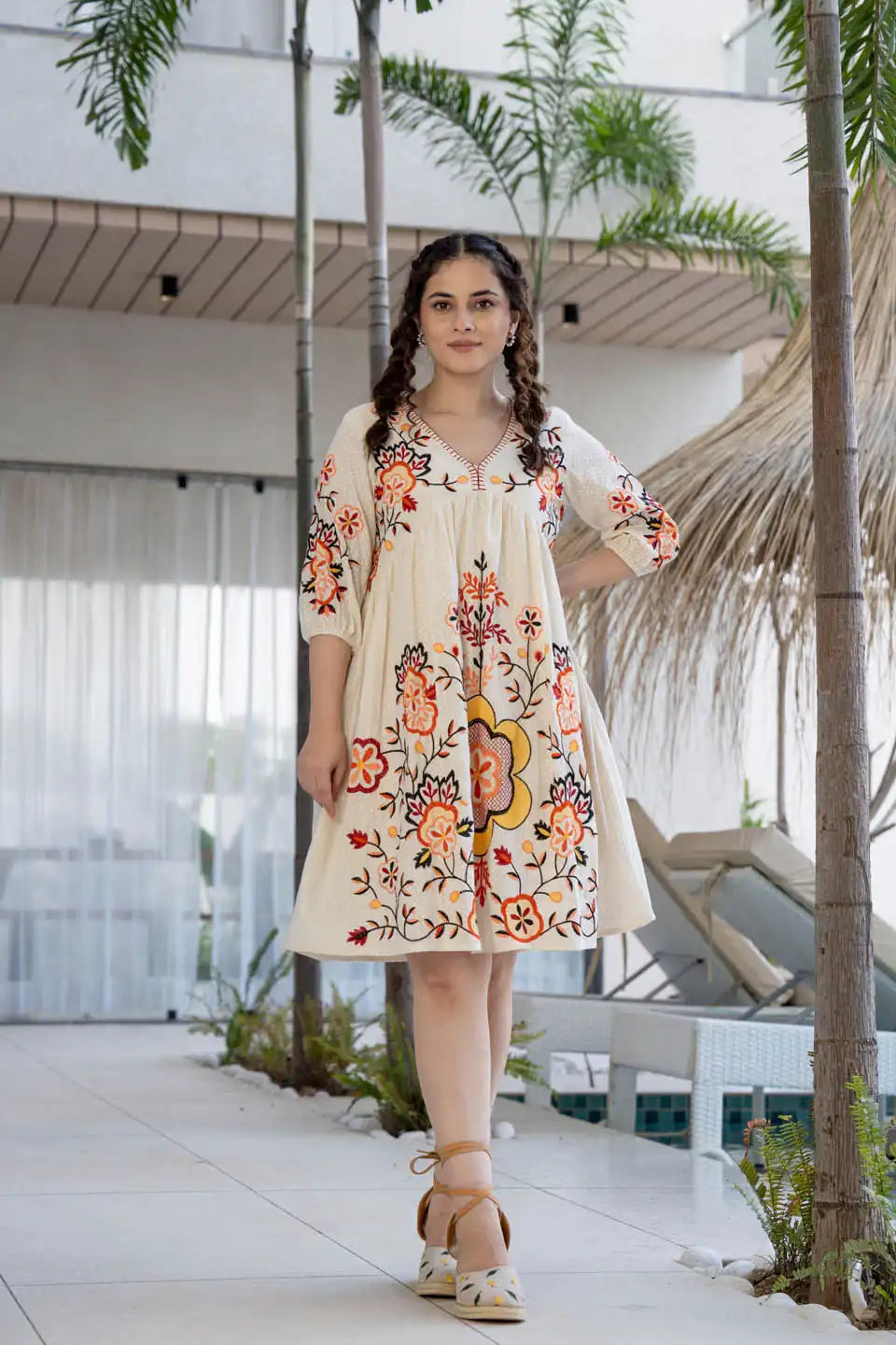 elegant off-white floral embroidered short dress