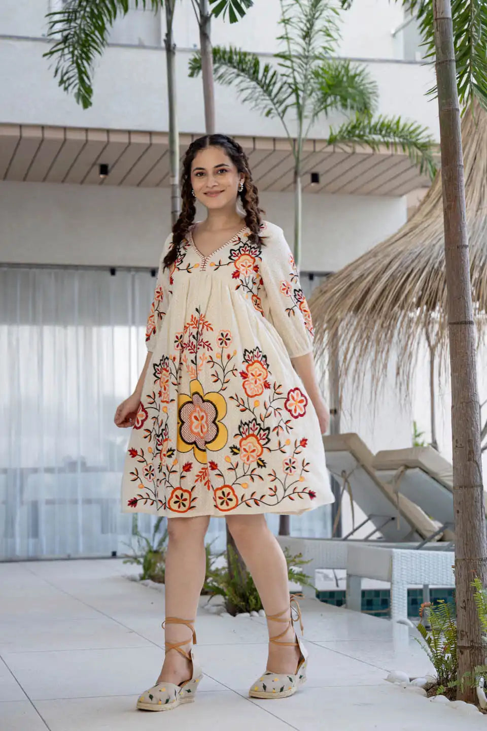 elegant off-white floral embroidered short dress
