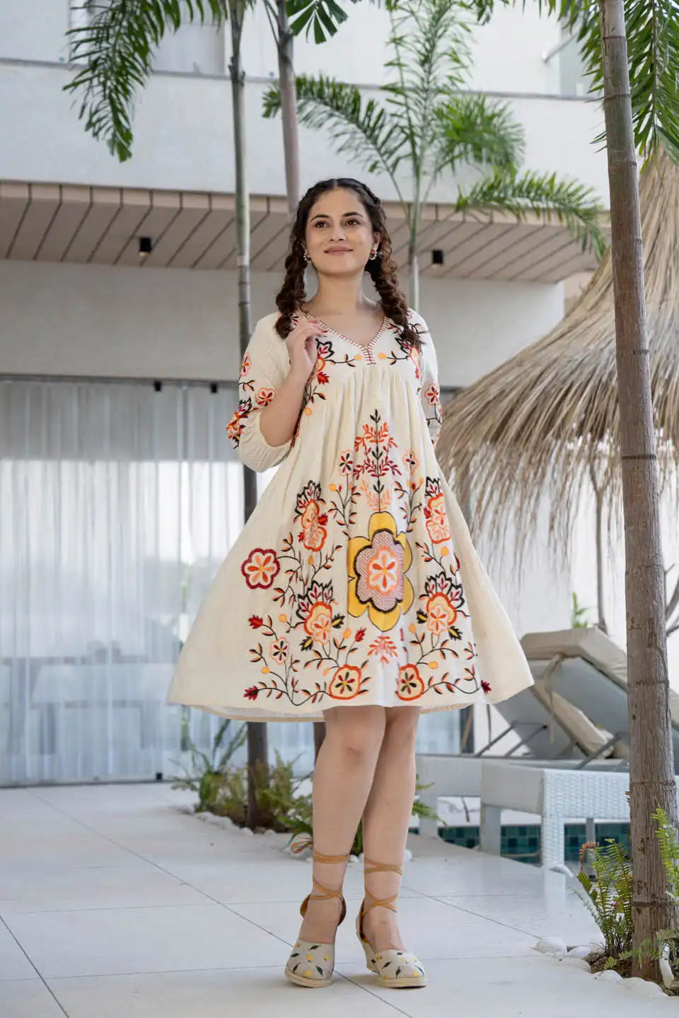 elegant off-white floral embroidered short dress