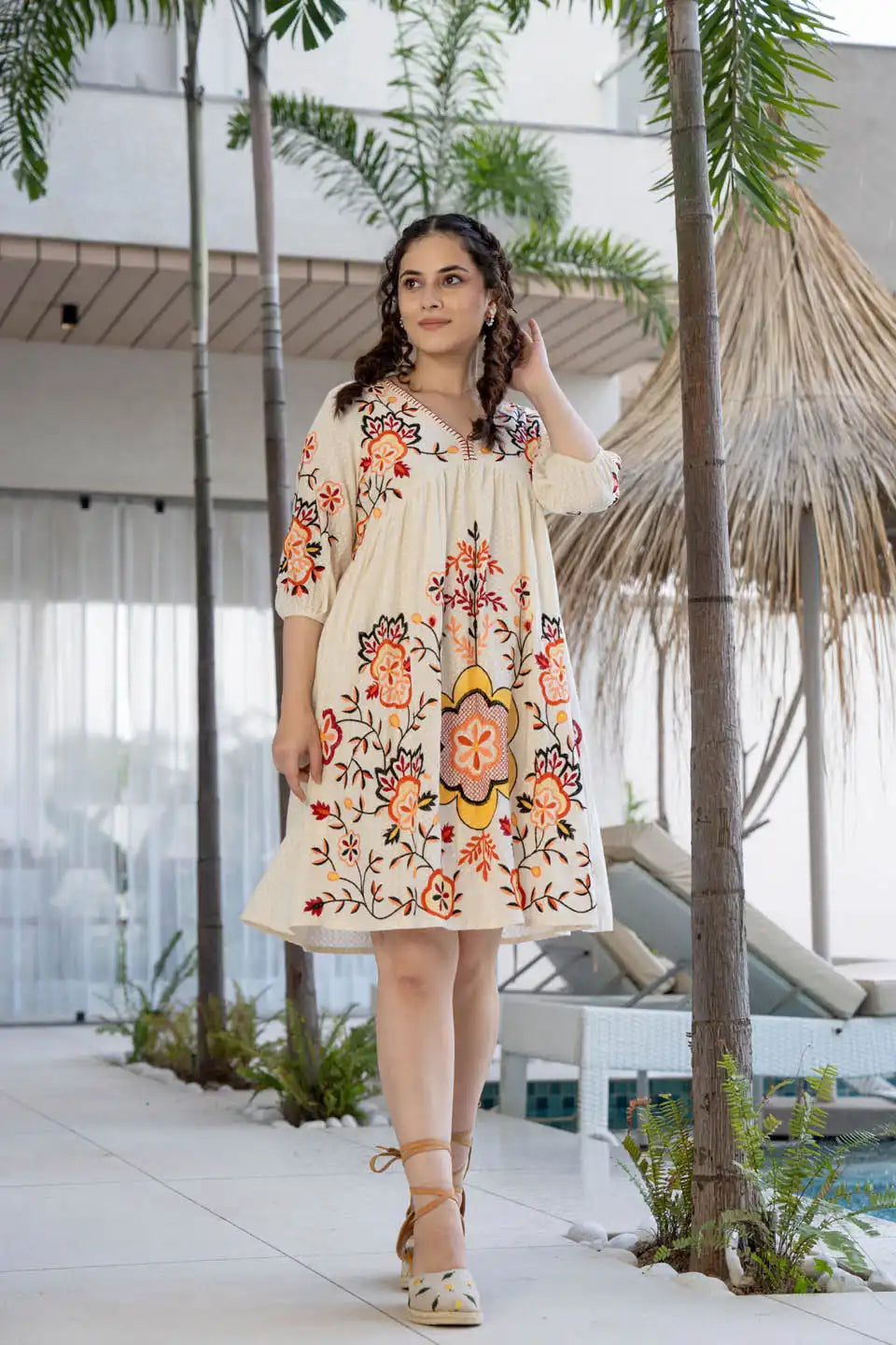 elegant off-white floral embroidered short dress