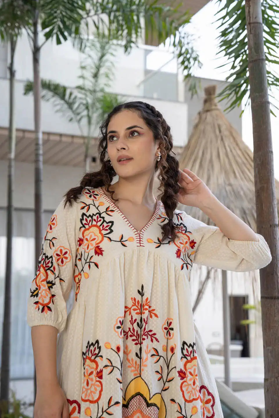 elegant off-white floral embroidered short dress