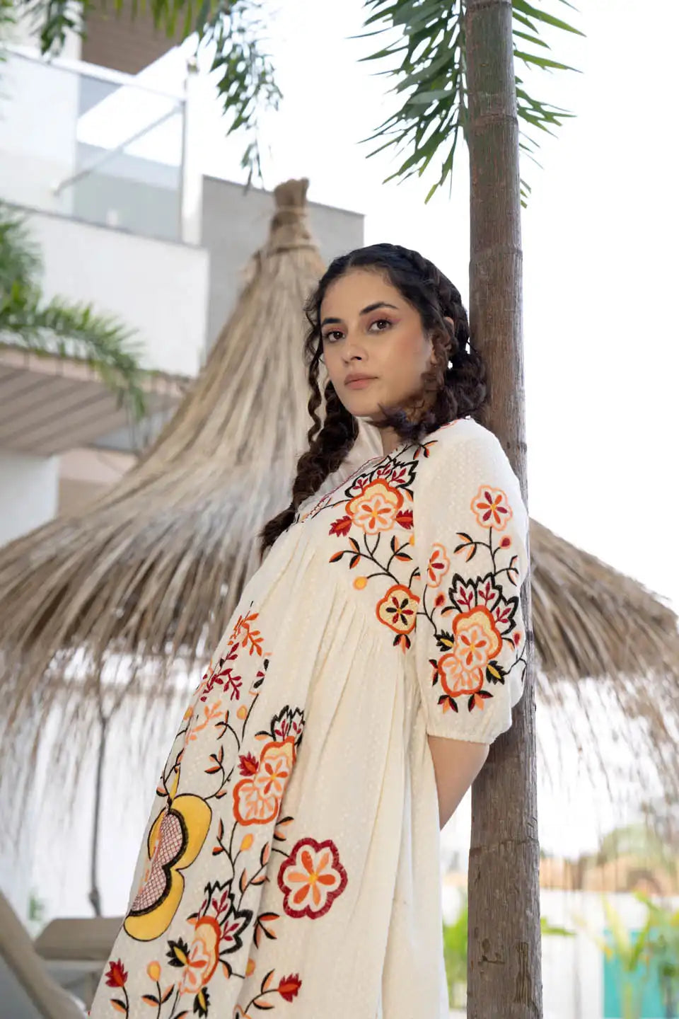 elegant off-white floral embroidered short dress