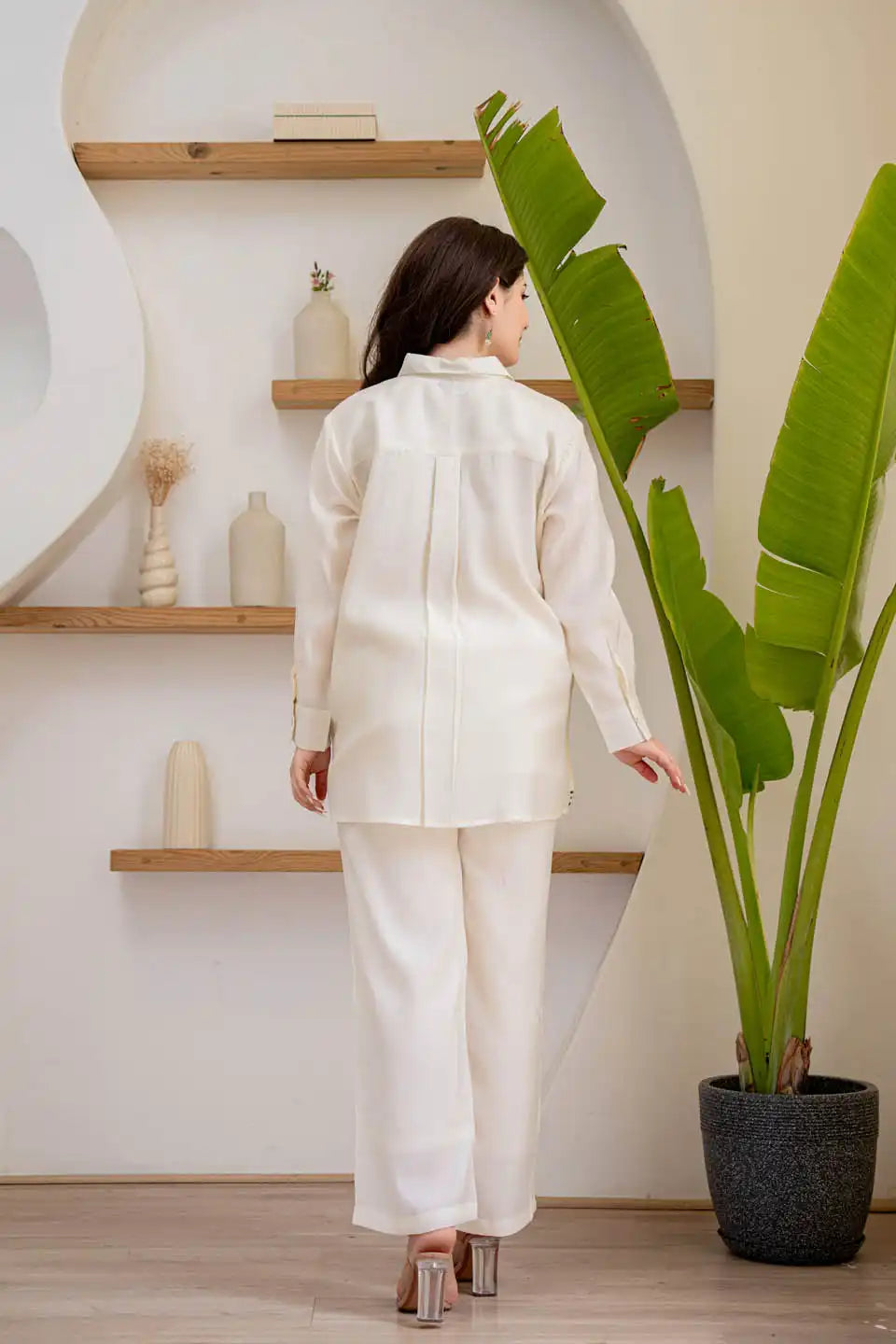 Off-white embroidered Roman silk kurta with straight pants set