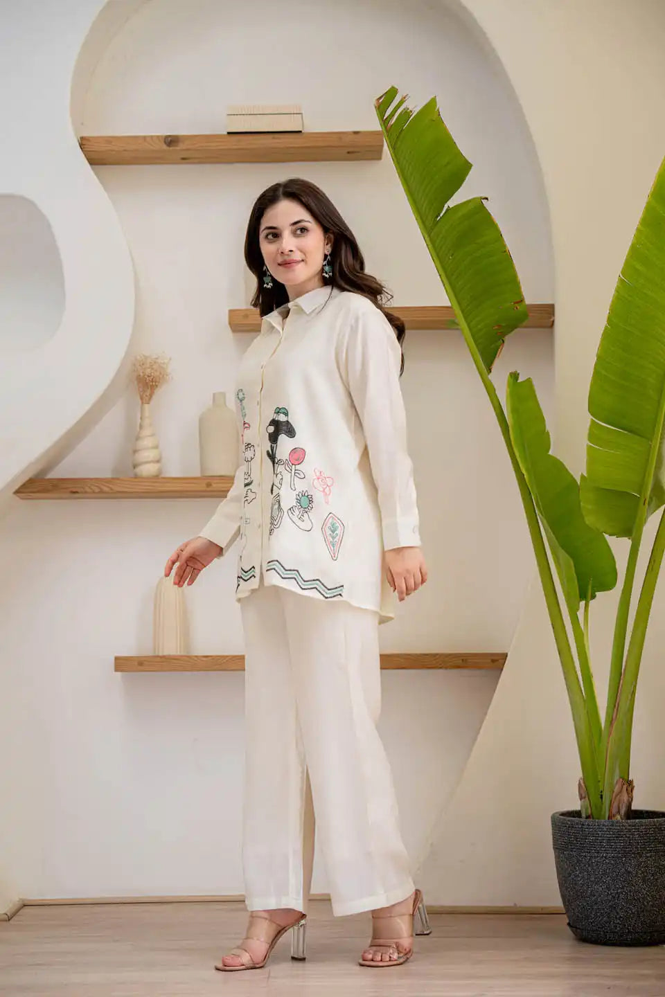 Off-white embroidered Roman silk kurta with straight pants set