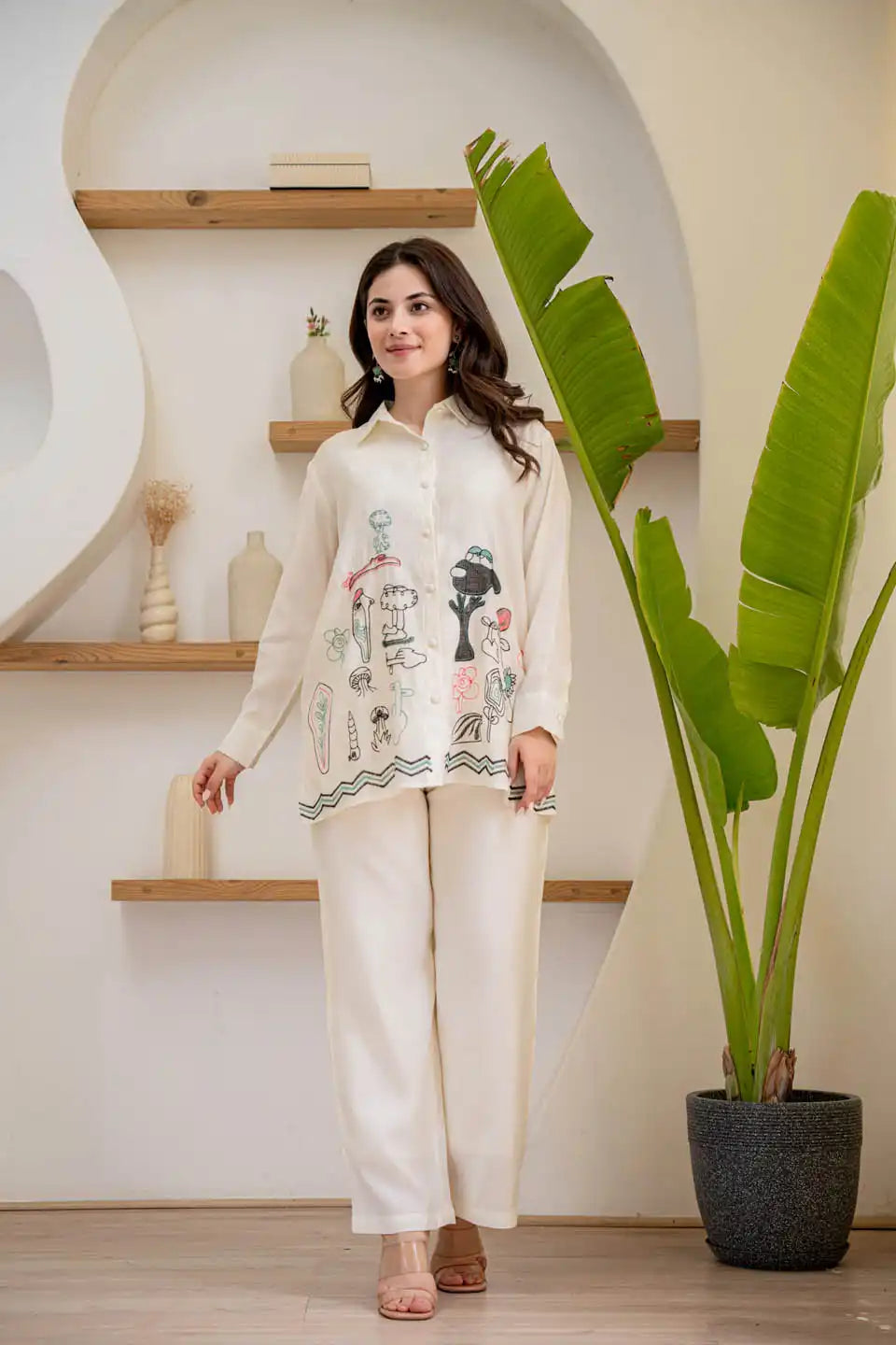 Off-white embroidered Roman silk kurta with straight pants set