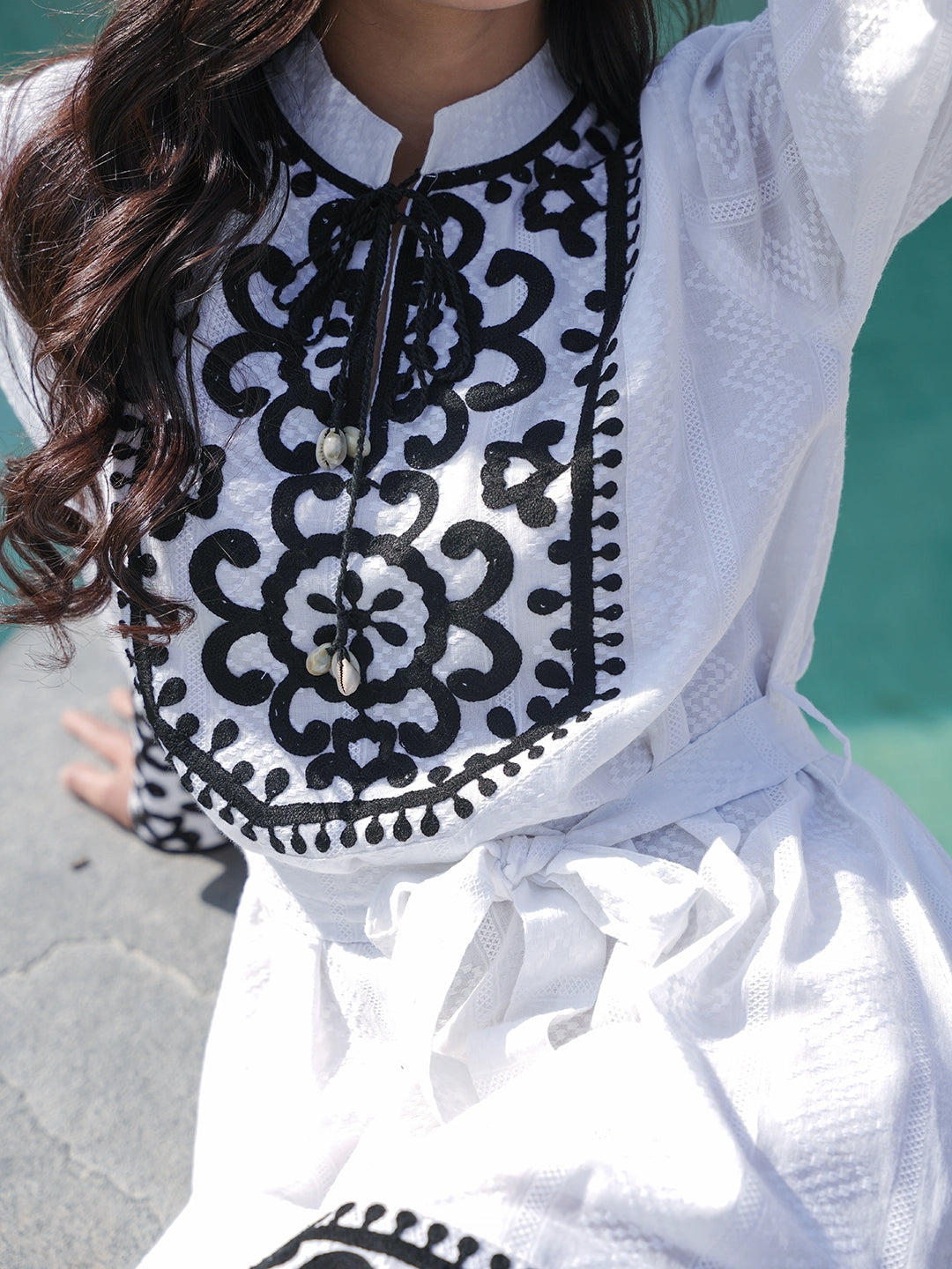 Monochrome Muse: White Short Dress with Black Embroidery
