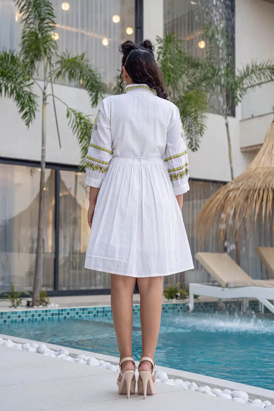 White Floral Embroidered Short Cotton Dress