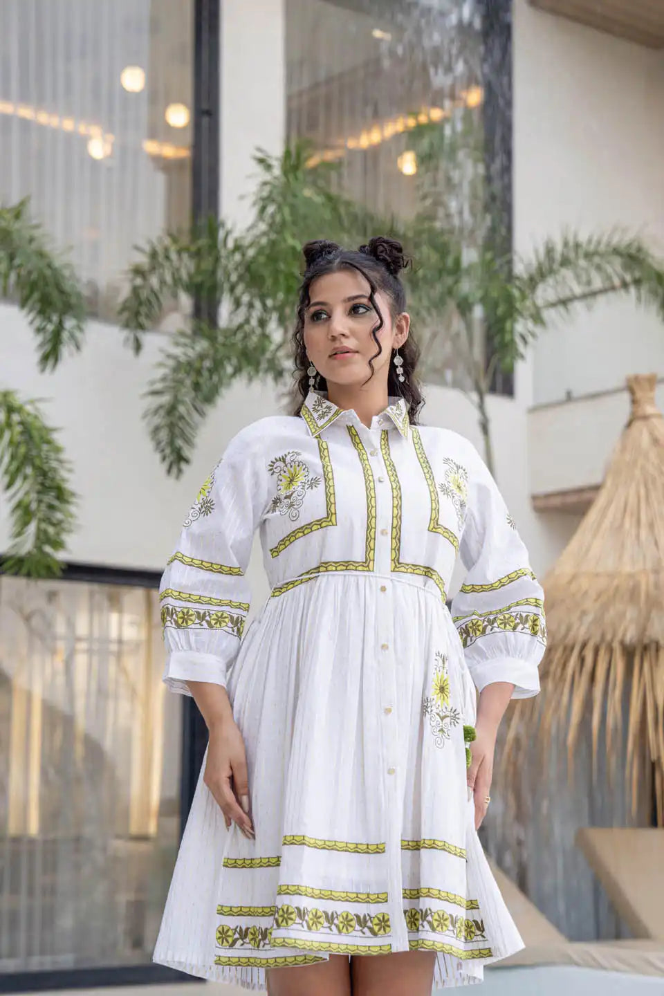 White Floral Embroidered Short Cotton Dress