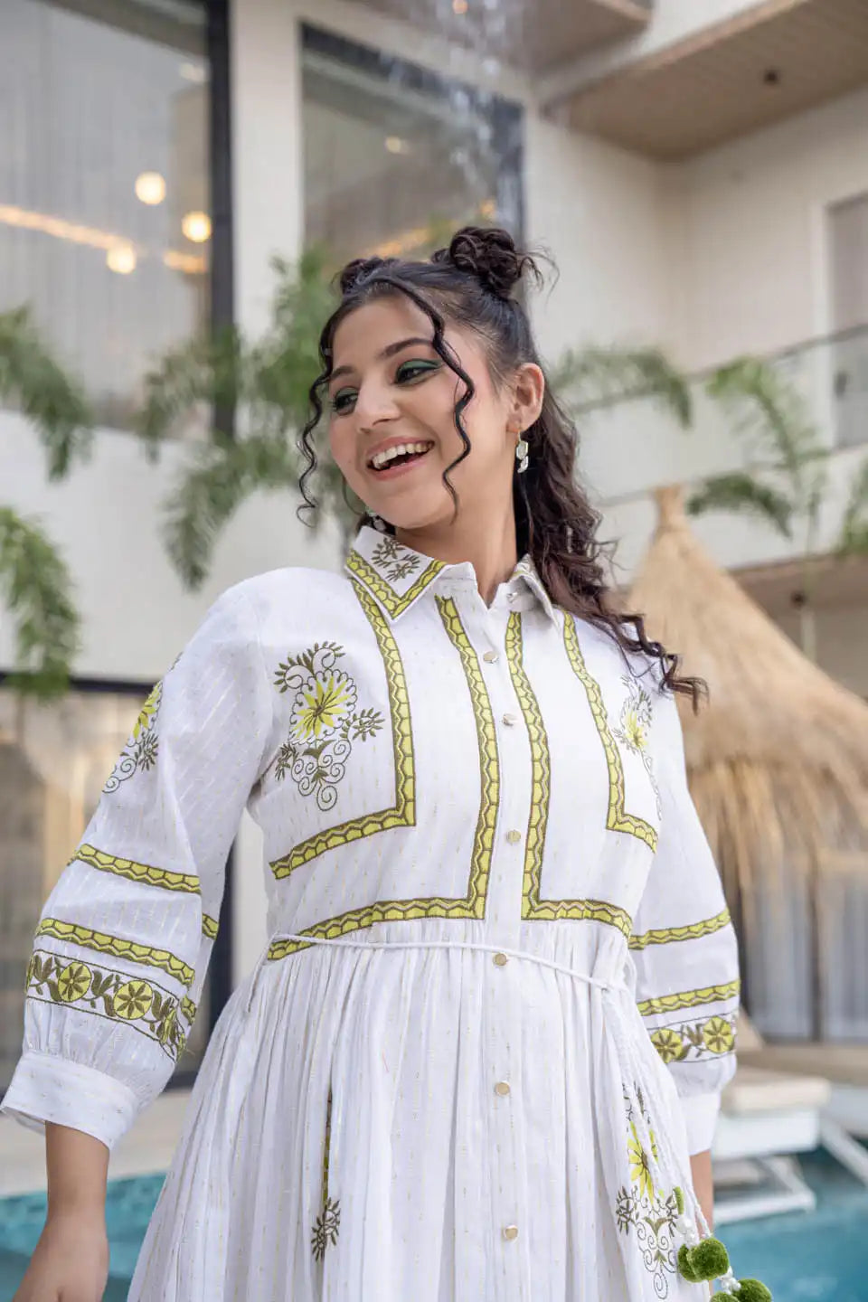 White Floral Embroidered Short Cotton Dress