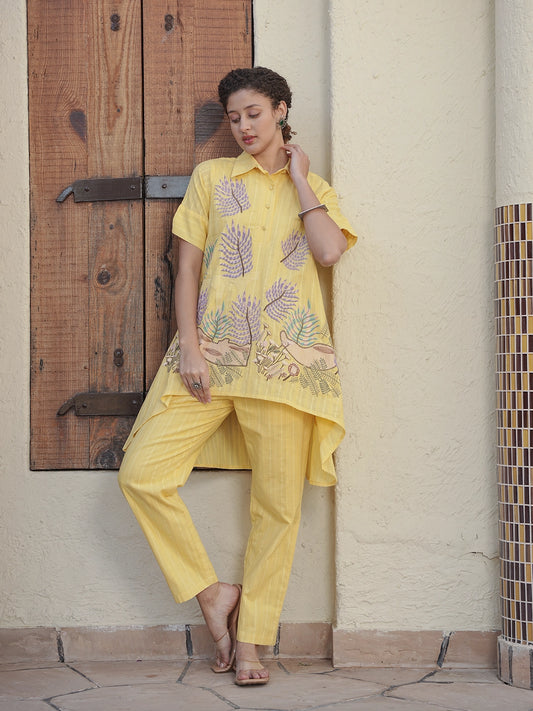 Golden Petals: Yellow Cotton Embroidery Co-Set