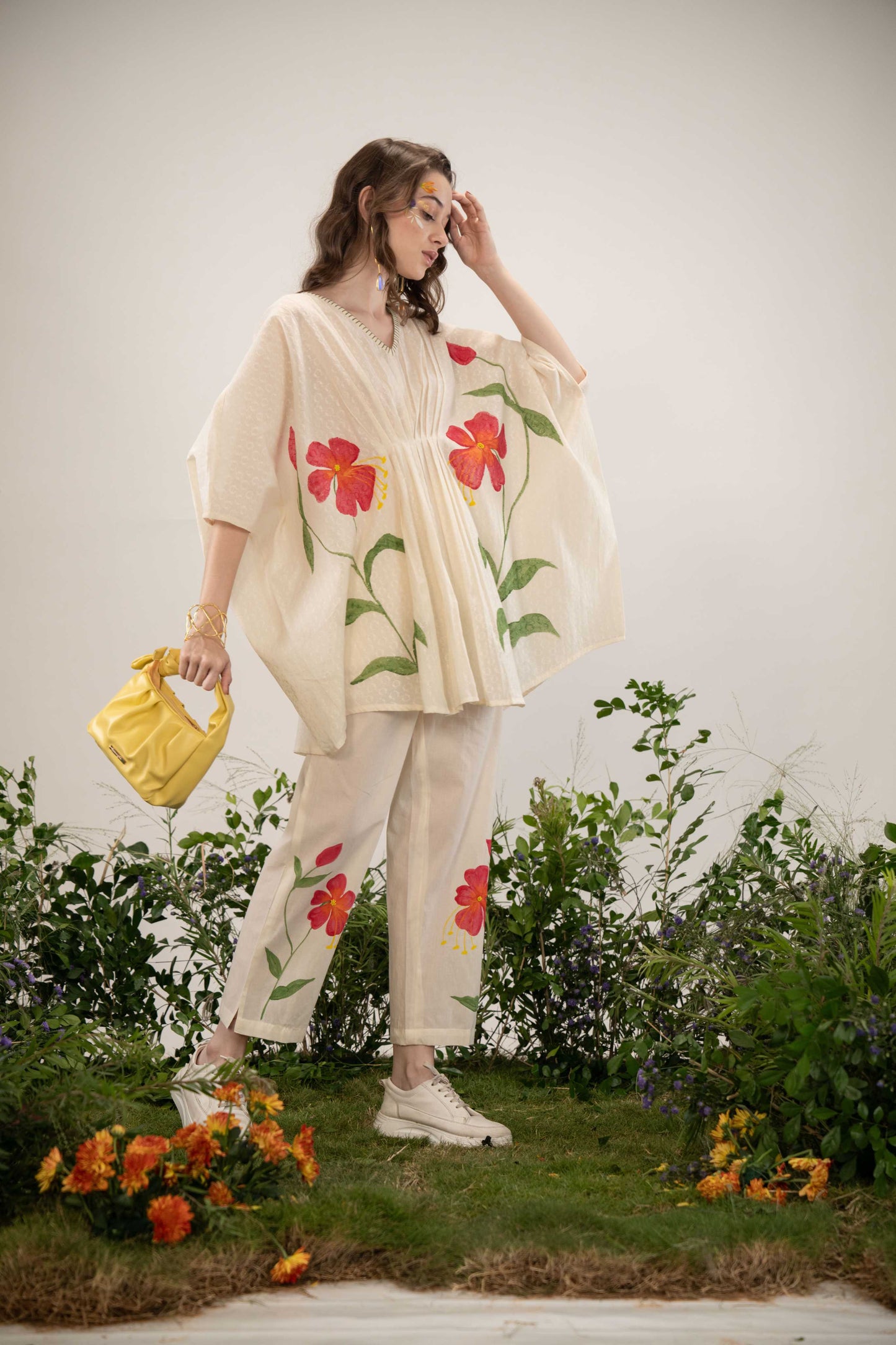 HAND-PAINTED FLORAL CO-ORD SET FOR WOMEN PREMIUM DOBI COTTON STYLISH KURTA & PANT SET SUMMER COLLECTION