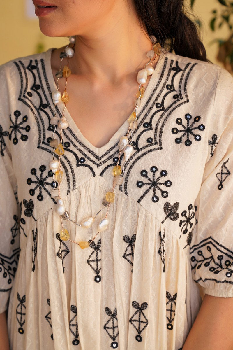 Beautiful White Dress With Black embroidery