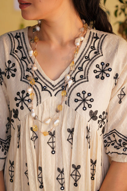 Beautiful White Dress With Black embroidery