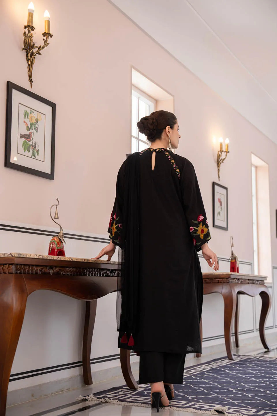 black coton kurta set with floral embroidery and straight pants