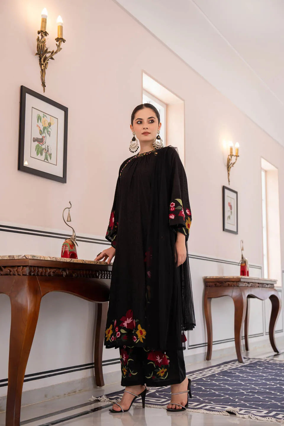 black coton kurta set with floral embroidery and straight pants