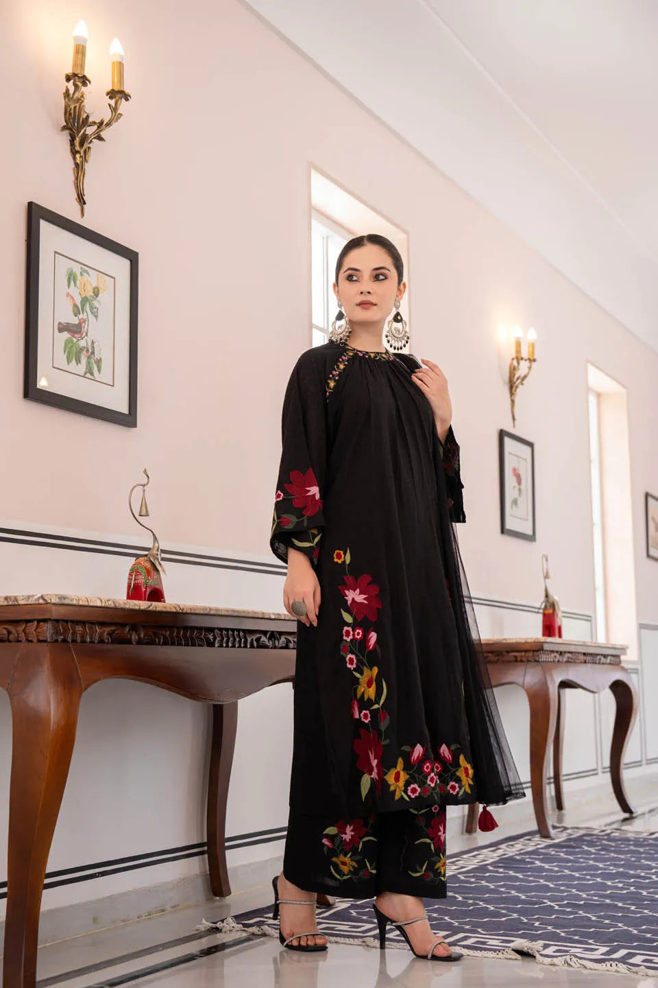 black coton kurta set with floral embroidery and straight pants